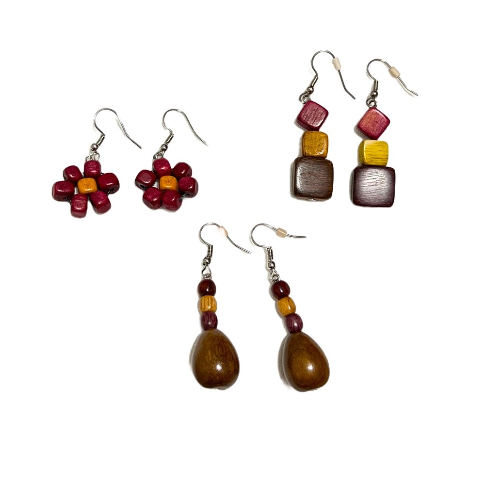 Unique Exotic Wood Handmade Pendant Dangle Earrings Set of 3